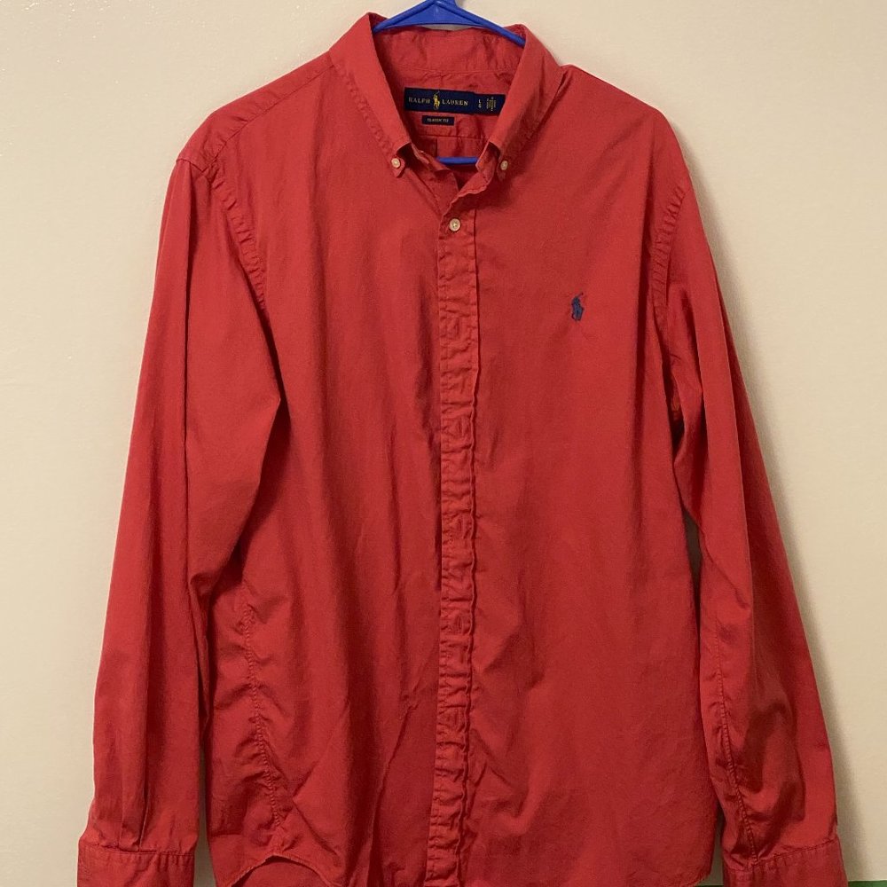 Ralph Lauren, Men's L, Long Sleeve,100% Cotton,  Red with blue horse, Size LG
